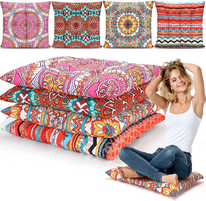 Nuogo 4 Pack Large 22 Inch Bohemian Floor Pillows Square Boho Floor Cushions Seating Pillows for Soft Yoga Meditation Pillow Mandala Pouf for Living Room Tatami Reading Nook(Exquisite) - Image 1